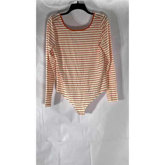 ON 34TH Tops - ON 34TH Women's Orange-White Striped Scoop-Neck Long Sleeve Bodysuit SZ L